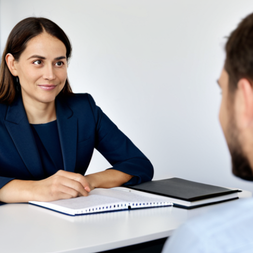 A professional female leader, mid-30s, with a warm and empathetic expression, wearing a modest business suit, is sitting across from a male team member in a modern, calm office setting. She is leaning slightly forward, actively listening, with an open notebook on the table, symbolizing constructive feedback and mentorship. The team member is also professionally dressed, listening attentively. The atmosphere is one of respectful dialogue and growth, with soft, indirect lighting enhancing the professional but inviting decor. This image captures the essence of a positive feedback session, safe for work, appropriate content, fully clothed, professional, modest clothing, appropriate attire, professional dress, perfect anatomy, correct proportions, natural pose, well-formed hands, proper finger count, natural body proportions, photorealistic, high-resolution, professional photography, soft focus on background, sharp focus on subjects.