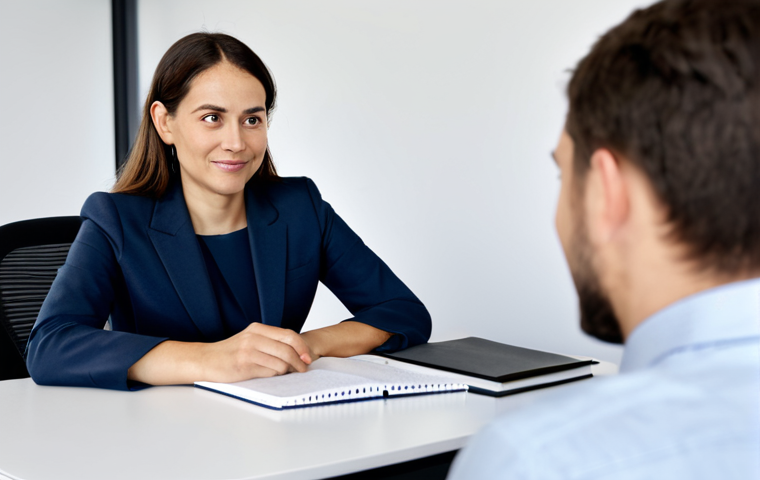 A professional female leader, mid-30s, with a warm and empathetic expression, wearing a modest business suit, is sitting across from a male team member in a modern, calm office setting. She is leaning slightly forward, actively listening, with an open notebook on the table, symbolizing constructive feedback and mentorship. The team member is also professionally dressed, listening attentively. The atmosphere is one of respectful dialogue and growth, with soft, indirect lighting enhancing the professional but inviting decor. This image captures the essence of a positive feedback session, safe for work, appropriate content, fully clothed, professional, modest clothing, appropriate attire, professional dress, perfect anatomy, correct proportions, natural pose, well-formed hands, proper finger count, natural body proportions, photorealistic, high-resolution, professional photography, soft focus on background, sharp focus on subjects.