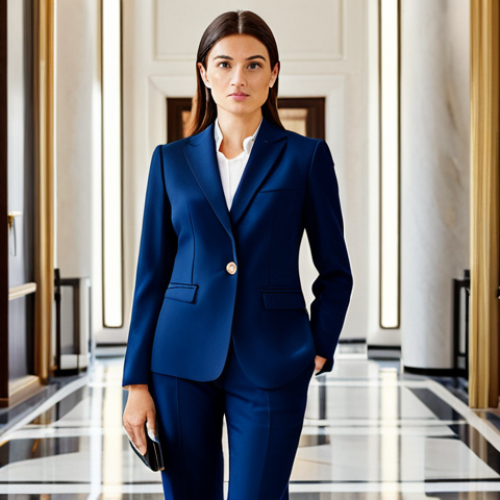 **

"A professional businesswoman in a tailored, navy blue pantsuit, standing confidently in a bright, modern Milan office lobby, featuring Italian design elements, fully clothed, appropriate attire, safe for work, perfect anatomy, natural proportions, professional corporate photography, high quality, family-friendly."

**