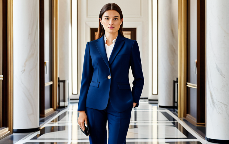**
"A professional businesswoman in a tailored, navy blue pantsuit, standing confidently in a bright, modern Milan office lobby, featuring Italian design elements, fully clothed, appropriate attire, safe for work, perfect anatomy, natural proportions, professional corporate photography, high quality, family-friendly."
**
